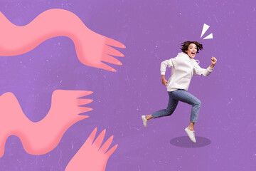 Collage picture of impressed little girl running away painted monsters isolated on drawing violet background