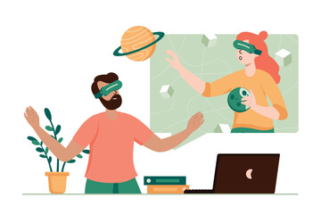 Metaverse green concept with people scene in the flat cartoon style. Man communicates with a woman using gadgets in virtual space. Vector illustration.