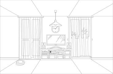 vector 3D illustration TV living room, line drawing art, interior anime background style, manga style