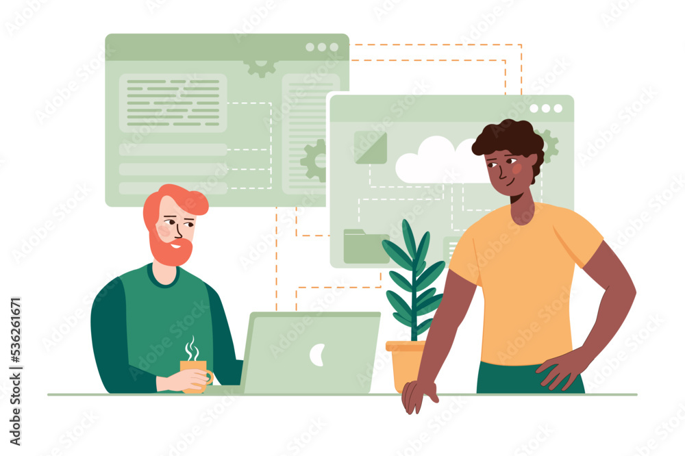 Poster saas green concept with people scene in the flat cartoon style. two programmers work on a laptops pe