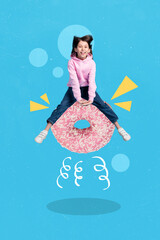 Vertical collage image of excited cheerful girl jump big donut isolated on painted blue background