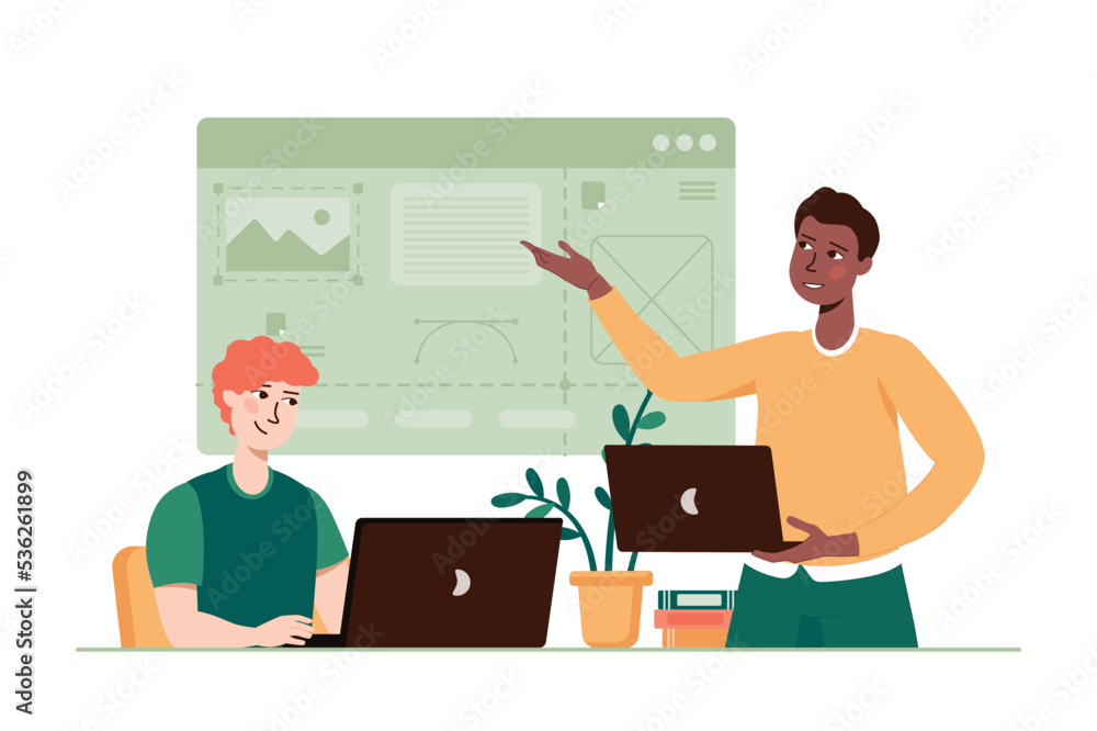 Poster green concept ui ux design with people scene in the flat cartoon design. two designer are working on