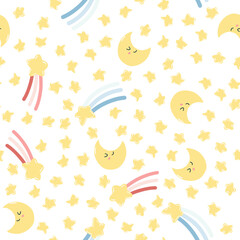 Seamless pattern with cute kawaii moon and falling stars. Vector hand drawn texture for wrapping paper, fabric print, kids textile, cover, card design