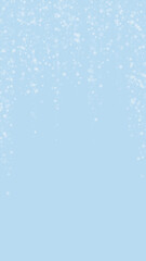 Falling snowflakes christmas background. Subtle flying snow flakes and stars on light blue winter backdrop. Beautifully falling snowflakes overlay. Vertical vector illustration.