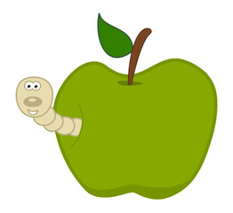 Smiling white maggot coming out of a juicy green apple