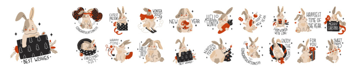 The rabbit is the symbol of the Chinese New Year. Christmas or Easter Bunny for greeting cards. Zodiac signs. Posters, prints for children's clothing and textiles. Vector illustration in cartoon style