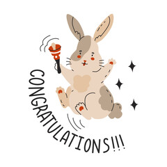 The rabbit jumps and rings the bell. Phrase congratulations. Rabbit is the symbol of the Chinese New Year. Christmas or Easter Bunny for greeting cards. Zodiac signs. Vector illustration in cartoon.