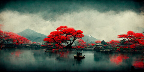Japan lake in autumn