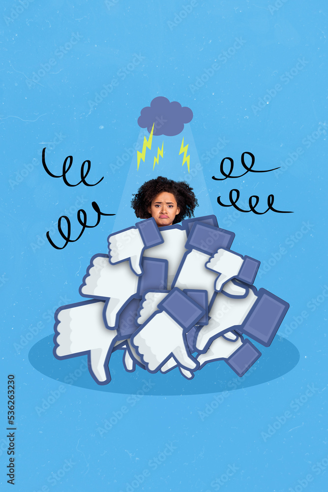 Sticker Vertical collage picture of unsatisfied girl sullen face under thunder cloud pile stack dislike thumbs down isolated on blue background