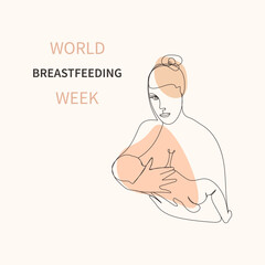 World Breastfeeding Week.Newborn baby sucking milk from mothers breast.Line art beige concept.Vector illustration.Happy mothers day.A linear drawing.Happy mothers day.