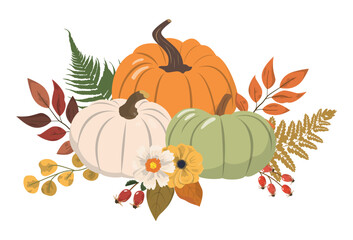 Autumn illustration with colorful pumpkins, flowers and forest leaves. Isolated on white background. Seasonal harvest design for greeting or poster.