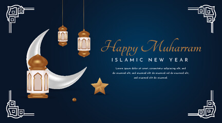 Islamic background, lantern, silver crescent moon on blue. Design concept of ramadan kareem, mawlid, iftar,isra and miraj or eid al fitr adha, copy space text area, 3D illustration.