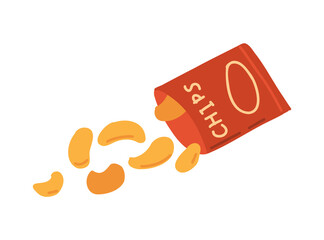Snack chips pototo pack. Fast food product. Cartoon vector crisp slice illustration.