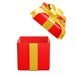 Red open gift box with gold ribbon christmas party png. 3d rendering celebrate surprise box realistic icon