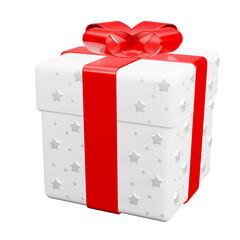 White gift box red ribbon with star pattern christmas party png. 3d rendering celebrate surprise box realistic icon
