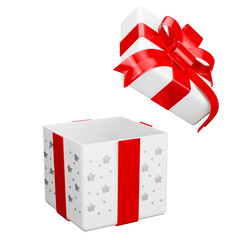 White open gift box red ribbon with star pattern christmas party png. 3d rendering celebrate surprise box realistic icon