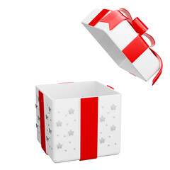 Fototapeta na wymiar White open gift box star pattern with red ribbon christmas party png. 3d rendering celebrate surprise box realistic icon