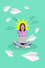 Vertical creative photo collage of ecstatic impressed young girl hold hands cheeks laptop on feet...