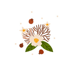 Hand drawn vector abstract graphic Merry Christmas and Happy new year clipart illustrations greeting card with flowers and leaves.Merry Christmas cute floral card design background.Winter holiday art.