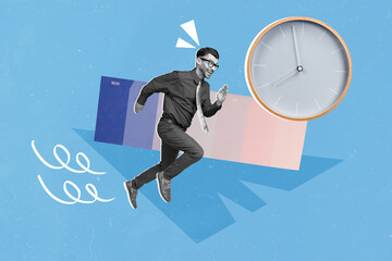 Creative collage photo of responsible funny impressed handsome guy hurry run to meeting deadline isolated on blue color background