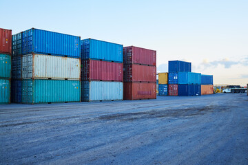 Container, logistics and port at storage in shipyard for global supply chain on sea. Shipping,...