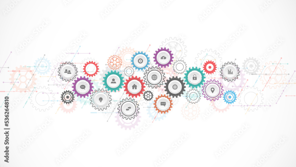 Poster information technology concept with infographic elements and flat icons. cogs and gear wheel mechani