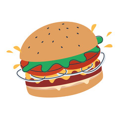 Juicy burger with cheese cutlet tomatoes in a fried bun with sesame seeds. Flat png
