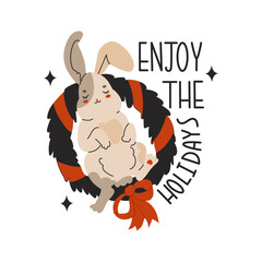 The rabbit sleeps in a bed made of a Christmas tree wreath. Rabbit is the symbol of the Chinese New Year. Christmas or Easter Bunny for greeting cards. Zodiac signs. Vector illustration in cartoon.