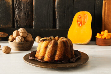 Concept of Autumn vibe food, Pumpkin cake