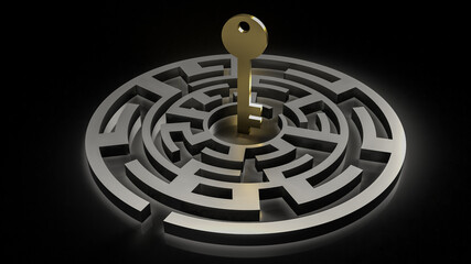 The gold key in maze on black background  3d rendering
