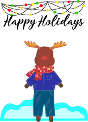 Vector hand drawn Holiday gift cards, winter snowy gift cards, Christmas, and New Year congratulations, Christmas garland, Happy Holidays, wearing elk, moose in clothing