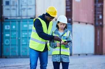 People in construction with tablet, supply chain team collaboration and export distribution digital innovation. Industrial freight logistics, port workers in shipping with 5g wifi and cargo container