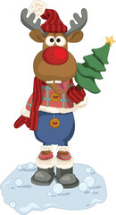 Cute colorful cartoon deer in winter clothes with Christmas pine tree in snow template. Bright vector illustration for childrems games, background, pattern, decor. Print for fabrics and other surfaces