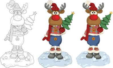 Cute colorful cartoon deer in winter clothes with Christmas pine tree in snow sketch template set. Bright vector illustration for games background, pattern, decor. Coloring paper, page, children book