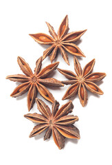 Star anises isolated on white background. Dried star anise spice fruits