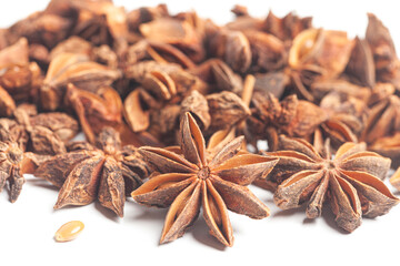 Star anises isolated on white background. Dried star anise spice fruits