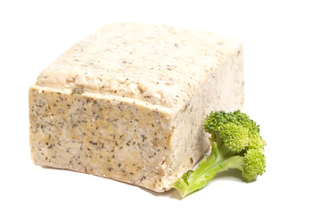 tofu cheese with broccoli isolated on white background