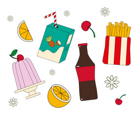 food, decoration, drinks, dessert, french fries, lunch, dinner, breakfast, juice, cherry, orange