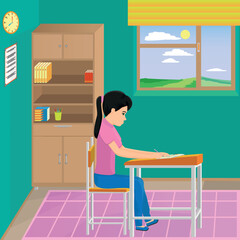 schoolgirl studying in her room