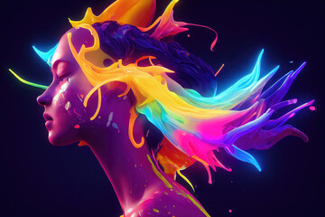Obraz premium Woman dissolving into neon acrylic paint. 3D illustration