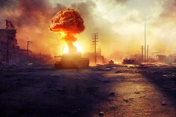 An explosion on war tank produces a fire mushroom cloud in an apocalyptic war. Battlefield in a wasteland city. 3D illustration. - obrazy, fototapety, plakaty