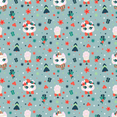 Cute Christmas kittens and paws seamless pattern.
