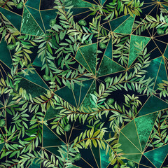 Tropical summer jungle plants with geometric background, marble texture exotic seamless pattern, watercolor jungle nature wallpaper - 536266451