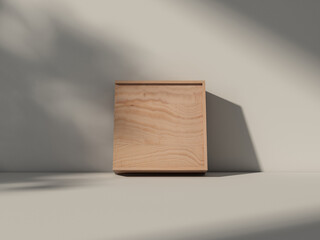 Wooden box Mockup standing on white table with shadows. 3d rendering