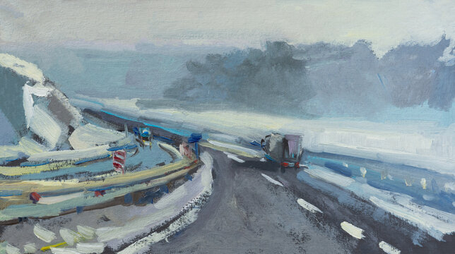Winter road cars oil painting. Beautiful author's postcard. The concept of winter travel a trip on the road. Cars on the highway are driving on a snow-covered road. Modern realistic painting. Handmade