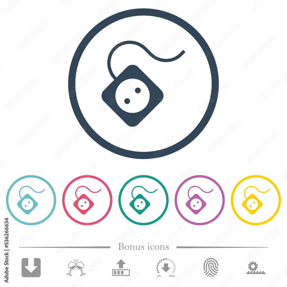 Poster portable electrical outlet with one socket and cord solid flat color icons in round outlines