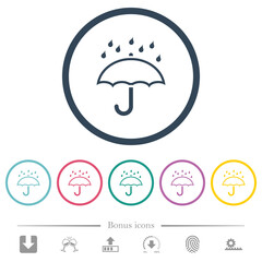 Umbrella with rain outline flat color icons in round outlines
