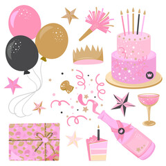 Pink birthday graphic design elements set.