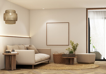 Mock up frame in cozy home interior background, coastal style livingroom with sofa rattan lamp and white cabinet with gray fabric furniture on wooden floor and large window, 3d render
