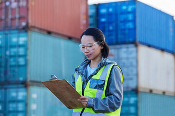 Logistics, Asian woman and check containers, export and import for supply chain at shipyard with...